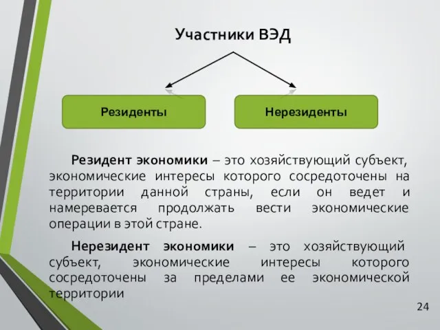 Участники ВЭД 24 Резидент экономики – это хозяйствующий субъект, экономические интересы