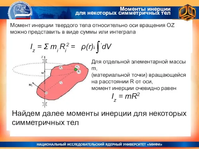 Моменты инерции для некоторых симметричных тел Момент инерции твердого тела относительно