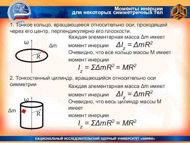 Моменты инерции для некоторых симметричных тел 1. Тонкое кольцо, вращающееся относительно