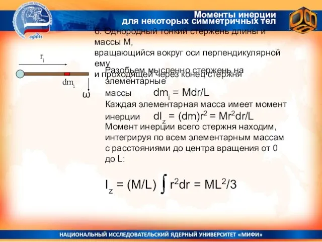 Моменты инерции для некоторых симметричных тел 6. Однородный тонкий стержень длины