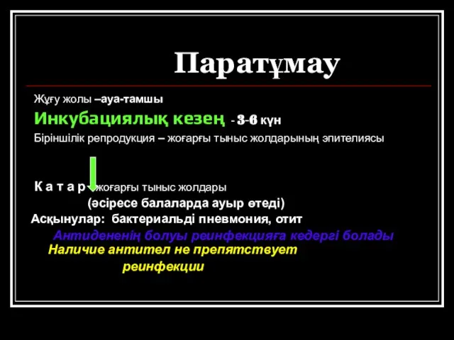 Паратұмау Жұғу жолы –ауа-тамшы Инкубациялық кезең - 3-6 күн Біріншілік репродукция