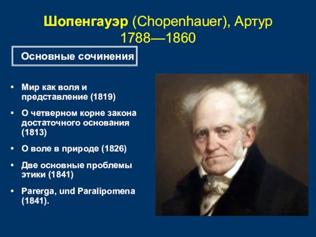 Шопенгауэр (Chopenhauer), Артур 1788—1860 Мир как воля и представление (1819) О