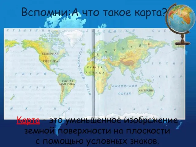 Вспомни:А что такое карта? Карта – это уменьшенное изображение земной поверхности