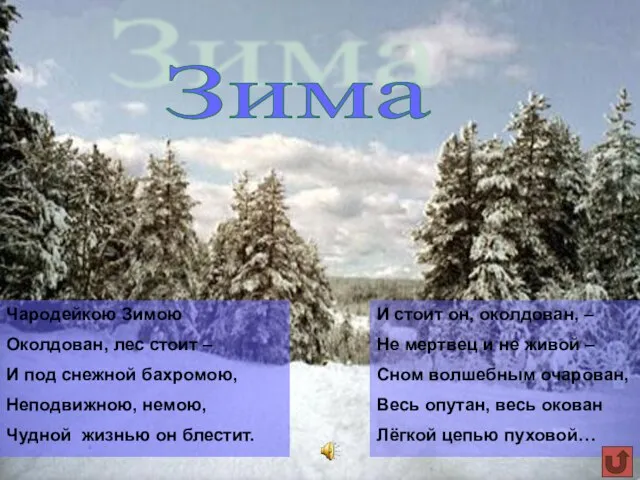 Зима Чародейкою Зимою Околдован, лес стоит – И под снежной бахромою,