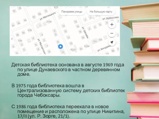 Детская библиотека основана в августе 1969 года по улице Дунаевского в