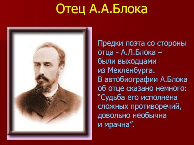 Предки поэта со стороны отца - А.Л.Блока – были выходцами из