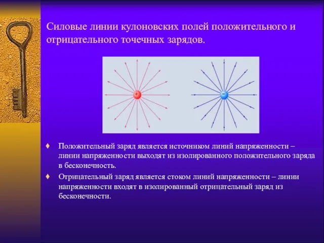 Силовые линии кулоновских полей положительного и отрицательного точечных зарядов. Положительный заряд