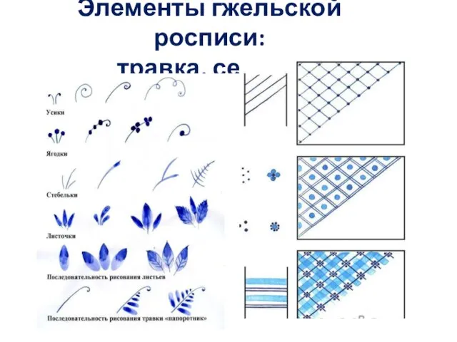 Элементы гжельской росписи: травка, сеточка