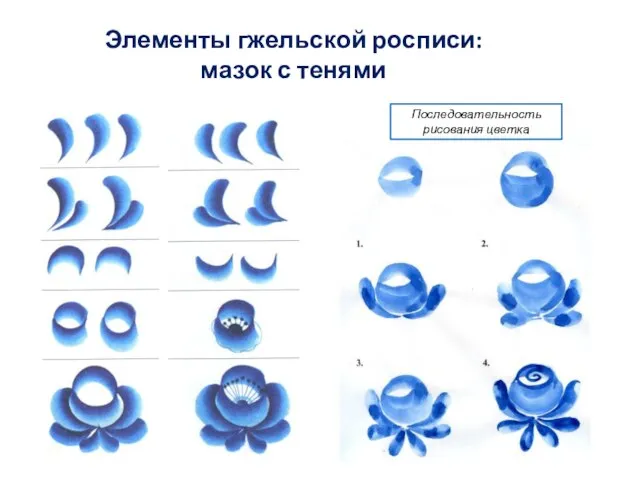 Элементы гжельской росписи: мазок с тенями Последовательность рисования цветка