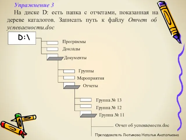 Упражнение 3 На диске D: есть папка с отчетами, показанная на