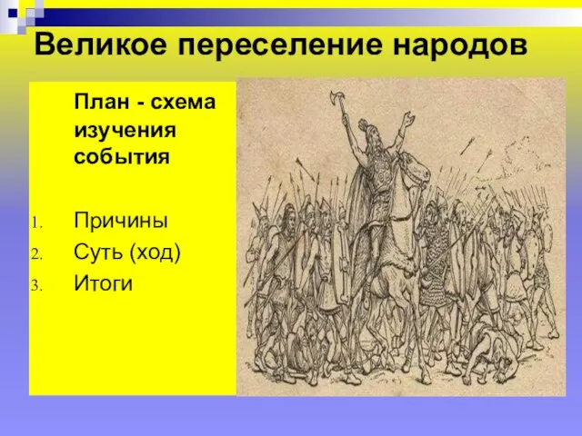 Великое переселение народов План - схема изучения события Причины Суть (ход) Итоги