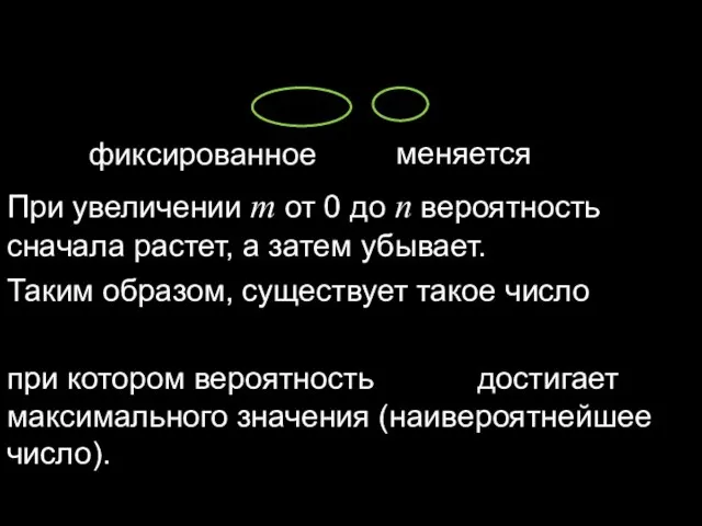 фиксированное меняется При увеличении m от 0 до n вероятность сначала