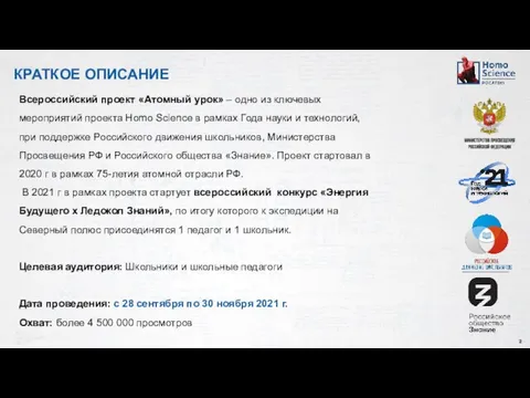 КРАТКОЕ ОПИСАНИЕ Всероссийский проект «Атомный урок» – одно из ключевых мероприятий