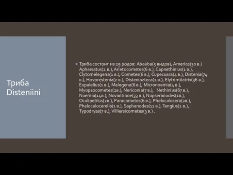 Триба Disteniini Триба состоит из 29 родов: Abauba(5 видов), America(30 в.)