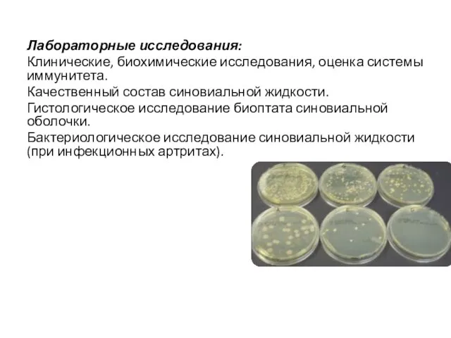 Лабораторные исследования: Клинические, биохимические исследования, оценка системы иммунитета. Качественный состав синовиальной
