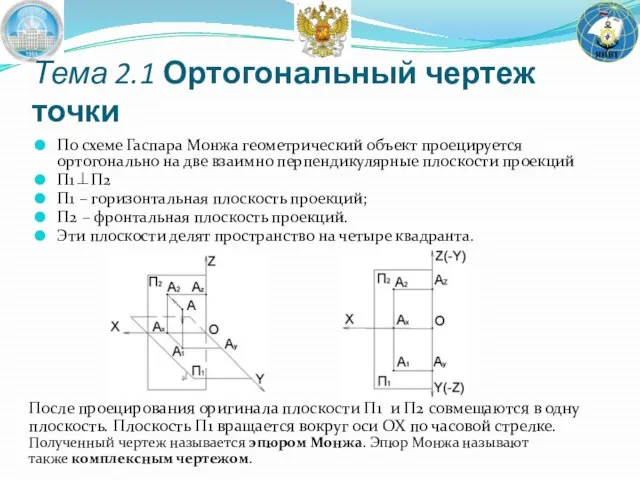 По схеме Гаспара Монжа геометрический объект проецируется ортогонально на две взаимно