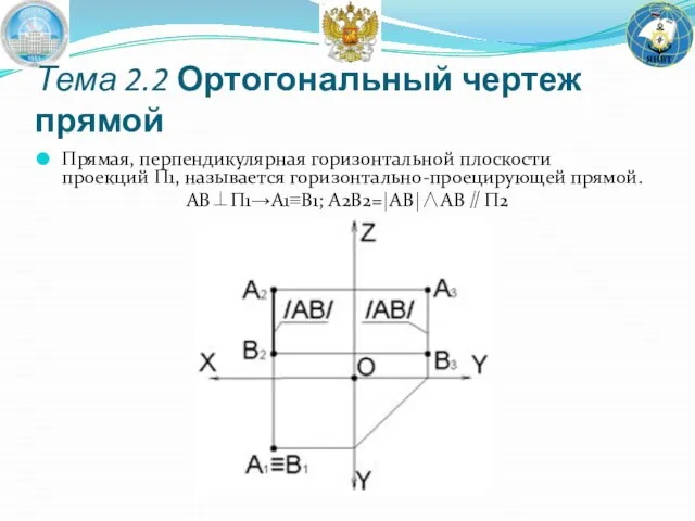 Прямая, перпендикулярная горизонтальной плоскости проекций Π1, называется горизонтально-проецирующей прямой. AB⊥Π1→A1≡B1; A2B2=|AB|∧AB∥Π2 Тема 2.2 Ортогональный чертеж прямой