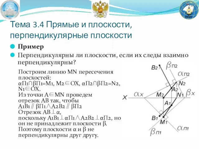 Тема 3.4 Прямые и плоскости, перпендикулярные плоскости Пример Перпендикулярны ли плоскости,