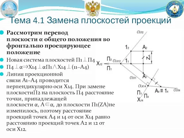 Тема 4.1 Замена плоскостей проекций Рассмотрим перевод плоскости α общего положения