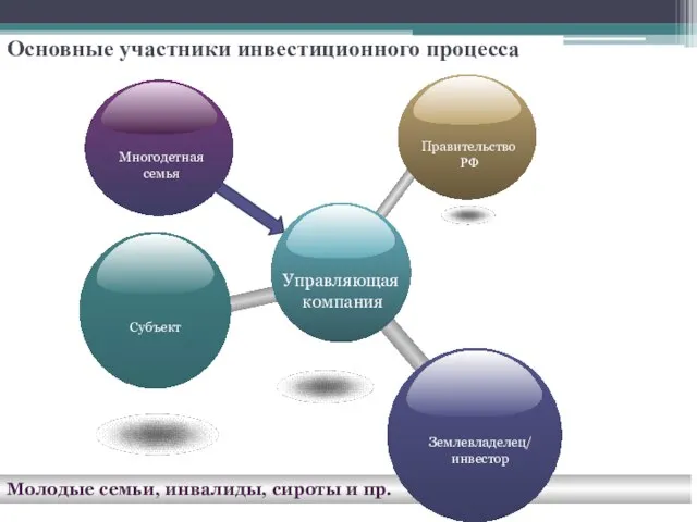 Молодые семьи, инвалиды, сироты и пр. Многодетная семья Основные участники инвестиционного процесса