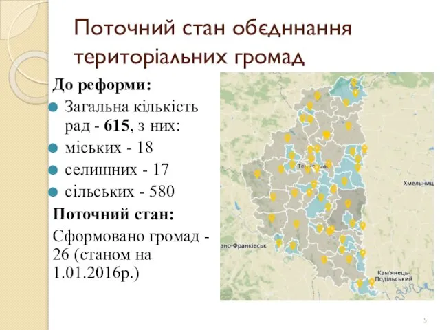 Поточний стан обєдннання територіальних громад До реформи: Загальна кількість рад -