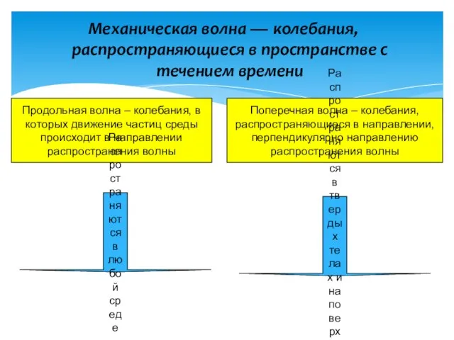 Механическая волна — колебания, распространяющиеся в пространстве с течением времени Продольная