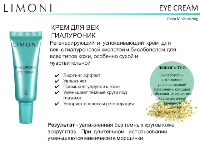 EYE CREAM Deep Moisturizing КРЕМ ДЛЯ ВЕК ГИАЛУРОНИК Лифтинг-эффект Увлажняет Повышает