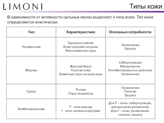 Типы кожи В зависимости от активности сальных желез выделяют 4 типа кожи. Тип кожи определяется генетически.