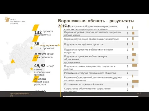 Воронежская область – результаты 2017 г. 132 допущенных проекта 36 поддержанных