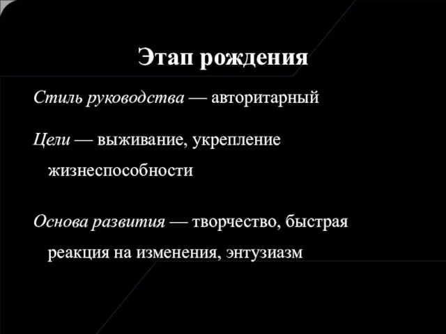 Стиль руководства — авторитарный Цели — выживание, укрепление жизнеспособности Основа развития