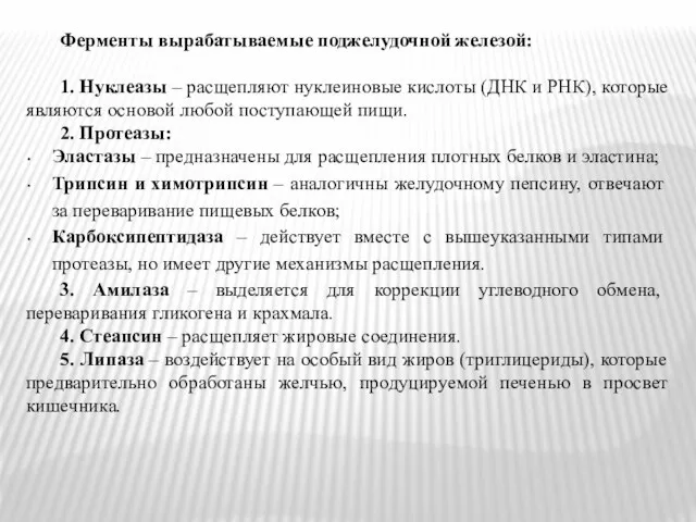 Ферменты вырабатываемые поджелудочной железой: 1. Нуклеазы – расщепляют нуклеиновые кислоты (ДНК