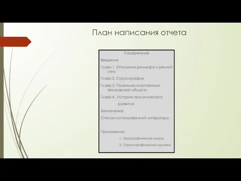 План написания отчета Содержание Введение Глава 1. Описание рельефа и речной