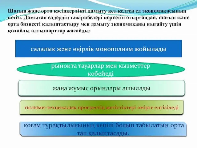 Шағын және орта кәсіпкерлікті дамыту кез-келген ел экономикасының негізі. Дамыған елдердің