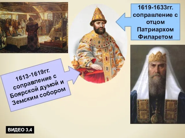 1613-1619гг. соправление с Боярской думой и Земским собором 1619-1633гг. соправление с отцом Патриархом Филаретом ВИДЕО 3,4