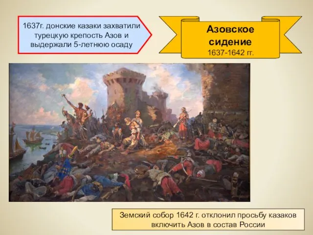 Азовское сидение 1637-1642 гг. 1637г. донские казаки захватили турецкую крепость Азов