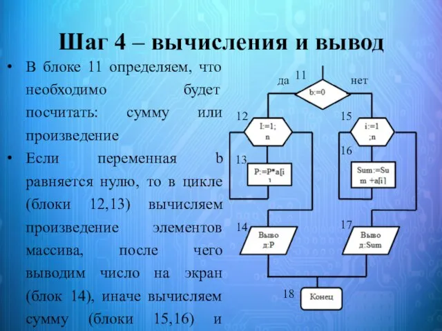 Шаг 4 – вычисления и вывод В блоке 11 определяем, что