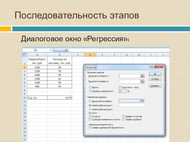 Последовательность этапов Диалоговое окно «Регрессия»: