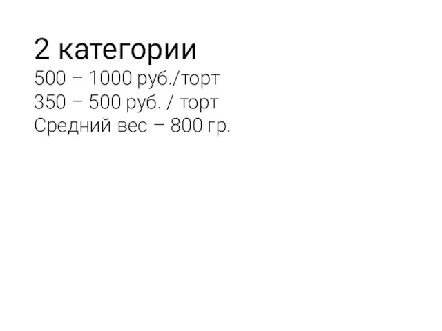 2 категории 500 – 1000 руб./торт 350 – 500 руб. /