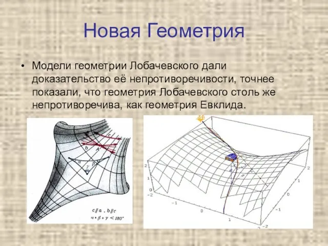 Новая Геометрия Модели геометрии Лобачевского дали доказательство её непротиворечивости, точнее показали,