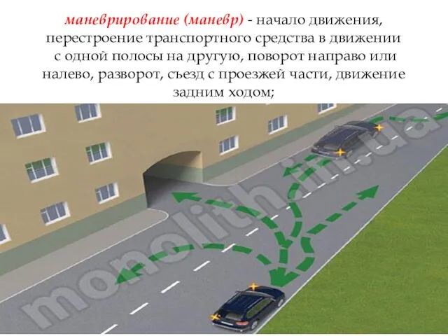 маневрирование (маневр) - начало движения, перестроение транспортного средства в движении с