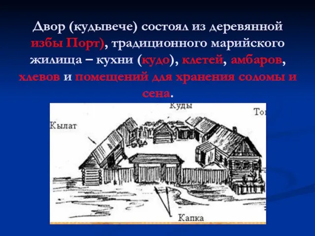 Двор (кудывече) состоял из деревянной избы Порт), традиционного марийского жилища –