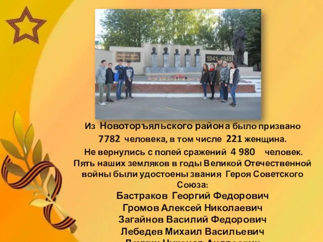 Из Новоторъяльского района было призвано 7782 человека, в том числе 221