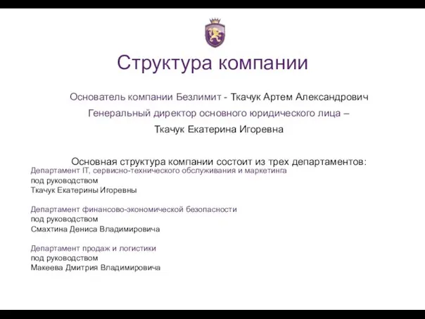 Структура компании Основатель компании Безлимит - Ткачук Артем Александрович Генеральный директор