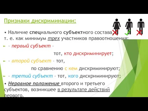 Признаки дискриминации: • Наличие специального субъектного состава, т. е. как минимум