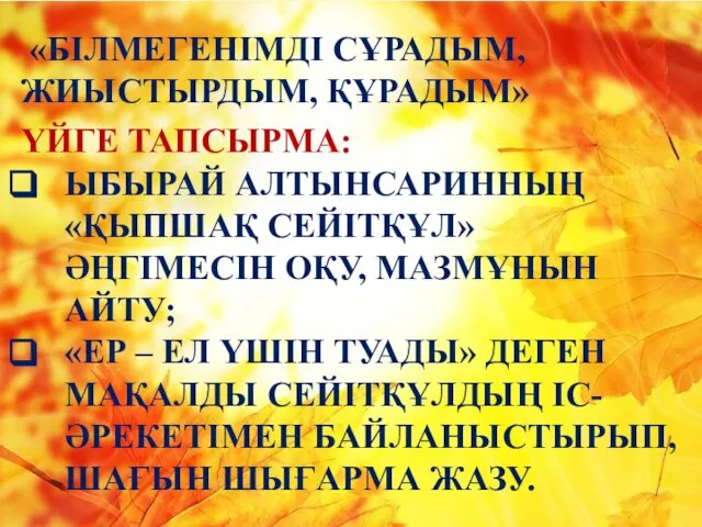 «БІЛМЕГЕНІМДІ СҰРАДЫМ, ЖИЫСТЫРДЫМ, ҚҰРАДЫМ» ҮЙГЕ ТАПСЫРМА: ЫБЫРАЙ АЛТЫНСАРИННЫҢ «ҚЫПШАҚ СЕЙІТҚҰЛ» ӘҢГІМЕСІН