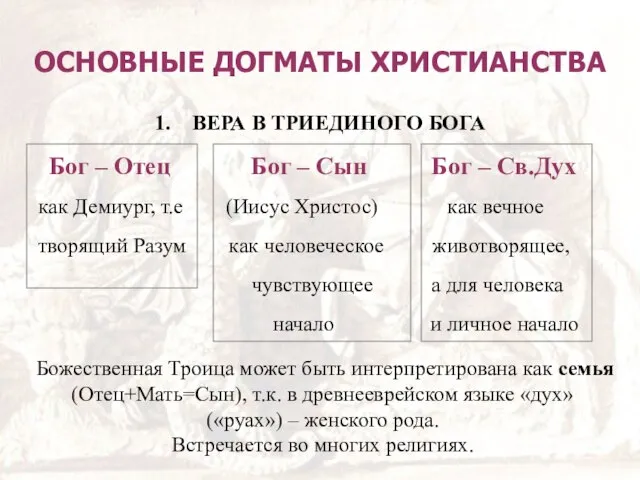 ОСНОВНЫЕ ДОГМАТЫ ХРИСТИАНСТВА ВЕРА В ТРИЕДИНОГО БОГА Бог – Отец Бог