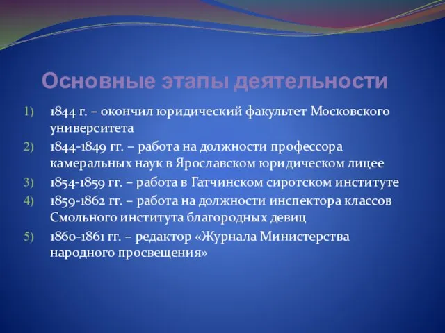 Основные этапы деятельности 1844 г. – окончил юридический факультет Московского университета