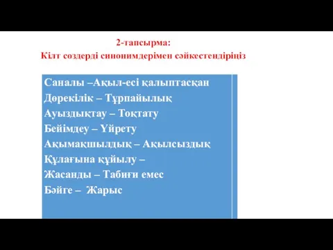 2-тапсырма: Кілт сөздерді синонимдерімен сәйкестендіріңіз