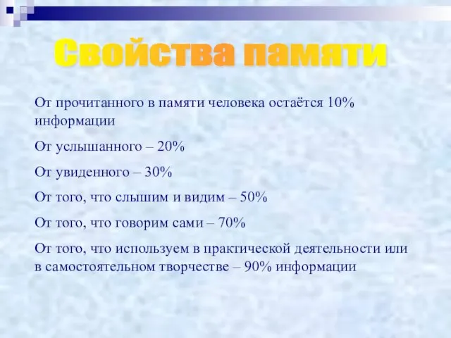 От прочитанного в памяти человека остаётся 10% информации От услышанного –