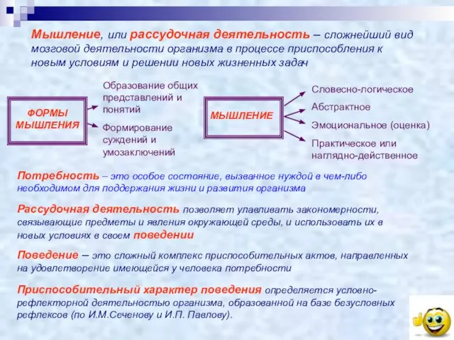 Мышление, или рассудочная деятельность – сложнейший вид мозговой деятельности организма в